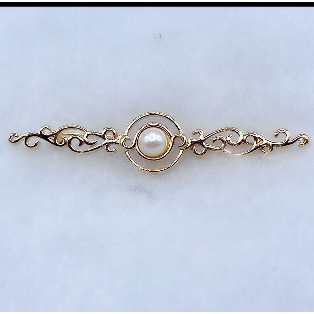 Vintage Monet faux pearl bar brooch open scroll